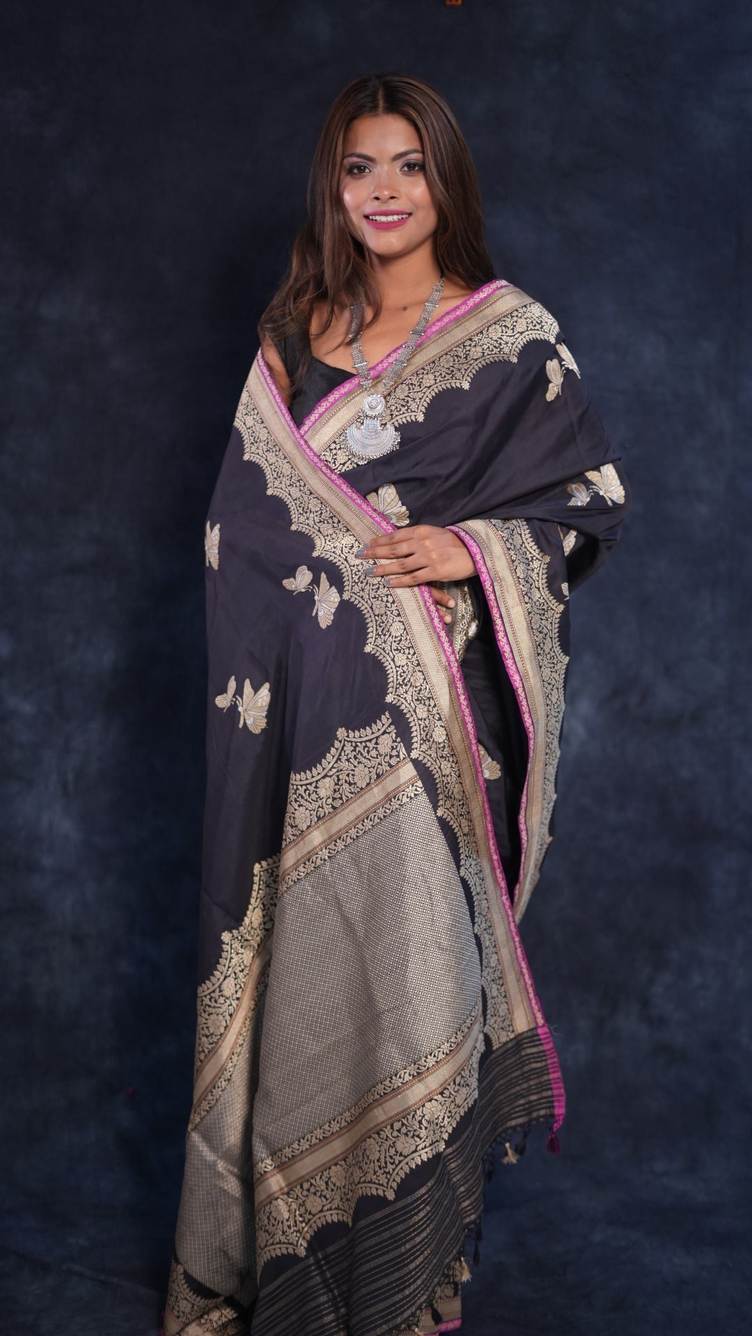 Butterfly motif pure Katan silk Banarasi saree