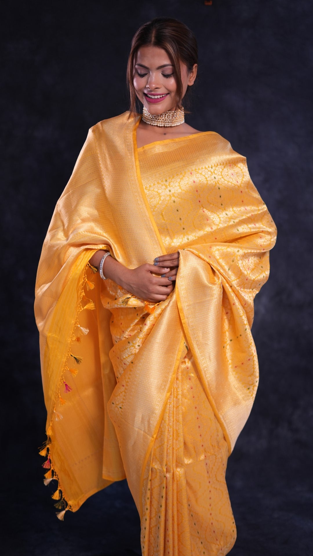 Mangala: Yellow Meenadar pure silk Tanchoi Banarasi saree