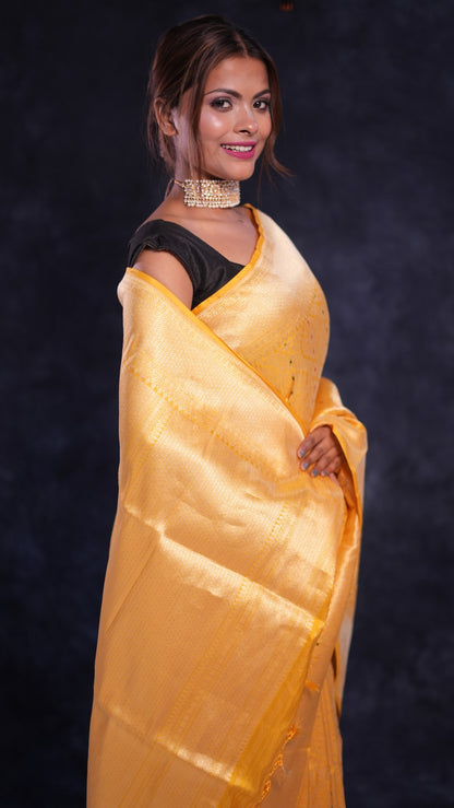Mangala: Yellow Meenadar pure silk Tanchoi Banarasi saree