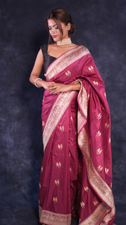 Bird motif pure Katan silk Banarasi saree