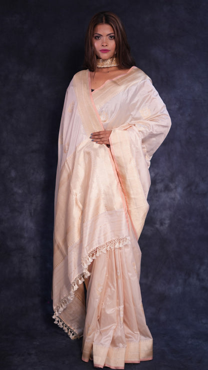 Gold and ivory pure Katan silk Banarasi saree