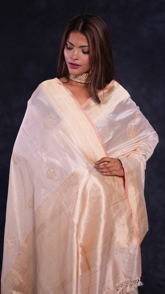 Gold and ivory pure Katan silk Banarasi saree