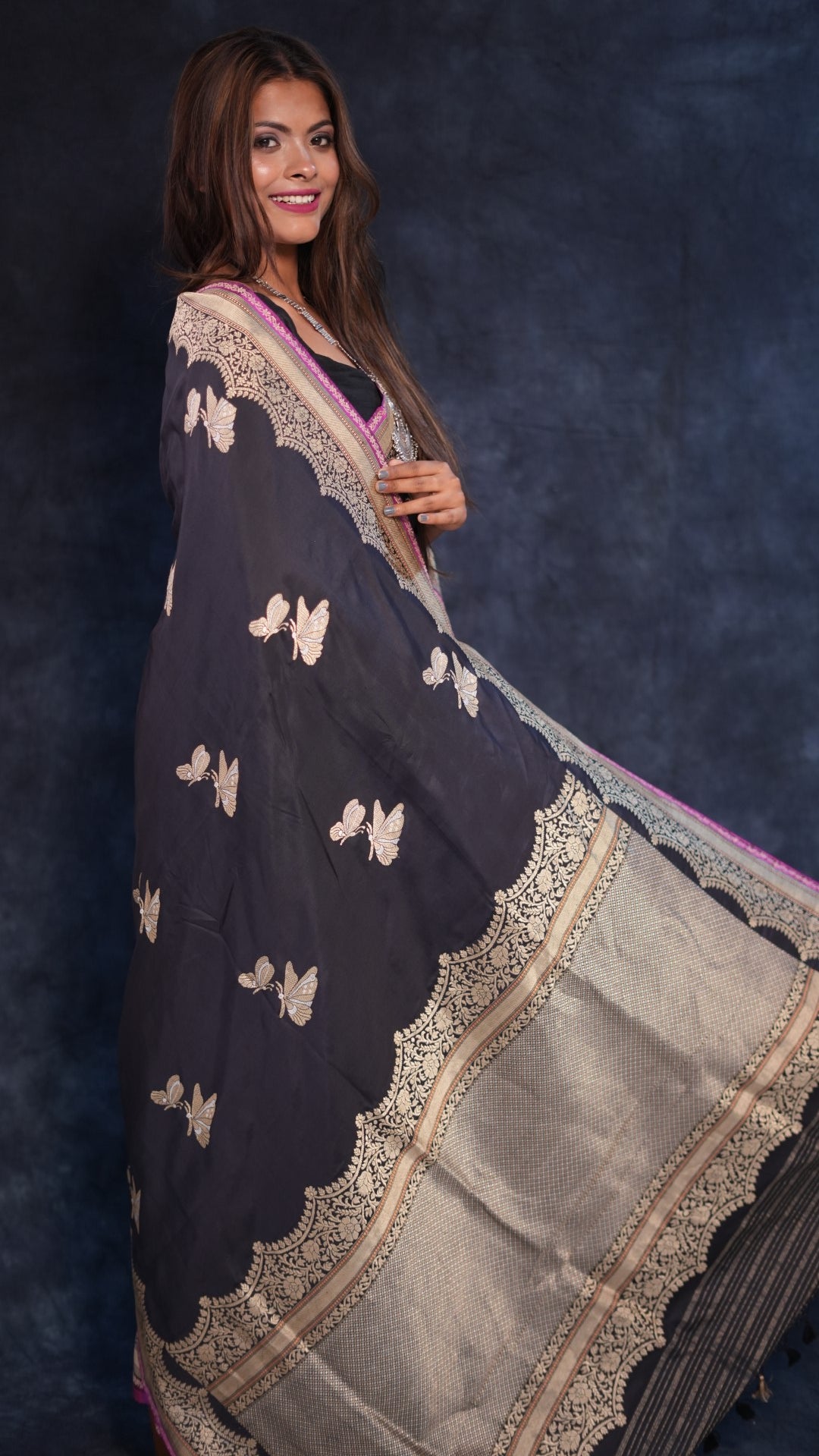 Butterfly motif pure Katan silk Banarasi saree