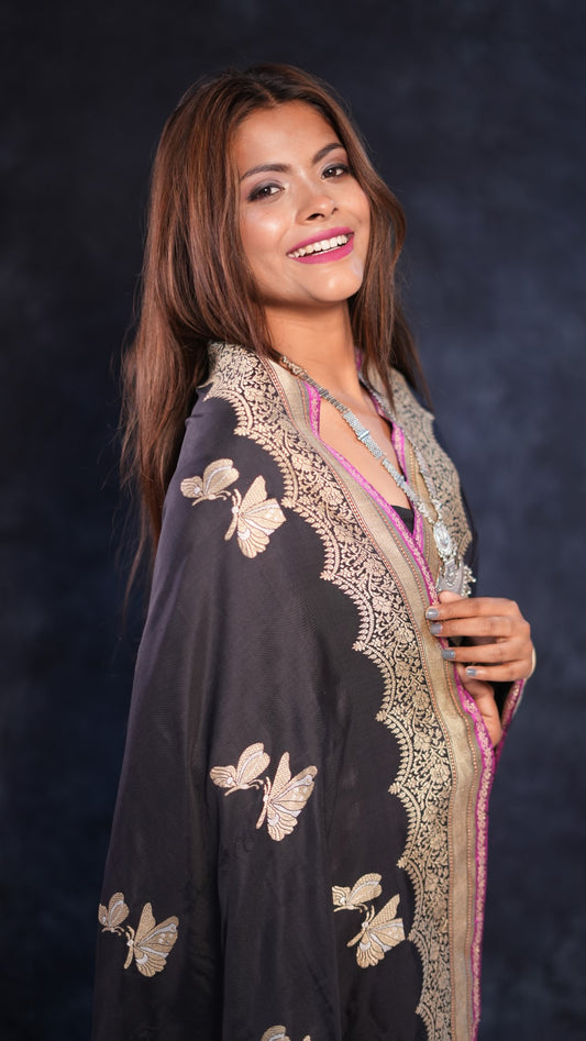 Butterfly motif pure Katan silk Banarasi saree