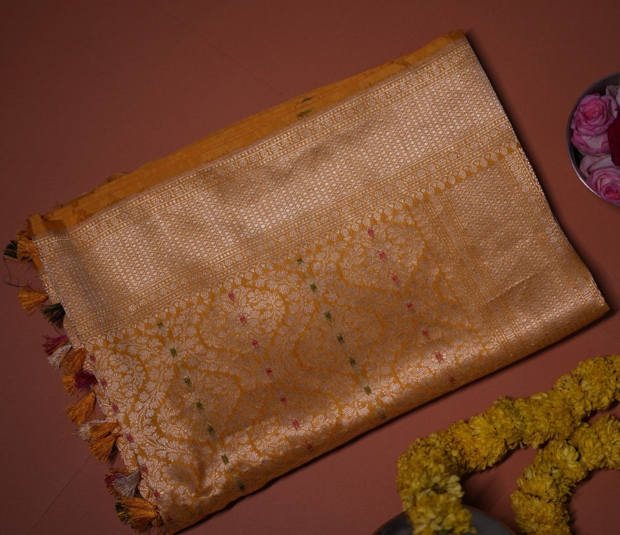 Mangala: Yellow Meenadar pure silk Tanchoi Banarasi saree